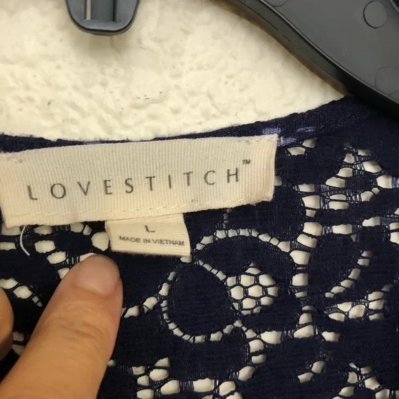 LOVESTITCH Womens Large Bell Sleeve Mixed Media Cross Front Blouse Top NWOT Blue - Picture 12 of 14